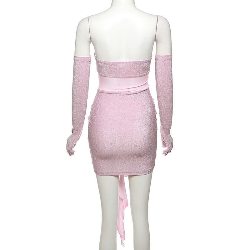 Glitter Strapless Mesh Cut Out Flower Applique Bodycon Mini Dress - View 4
