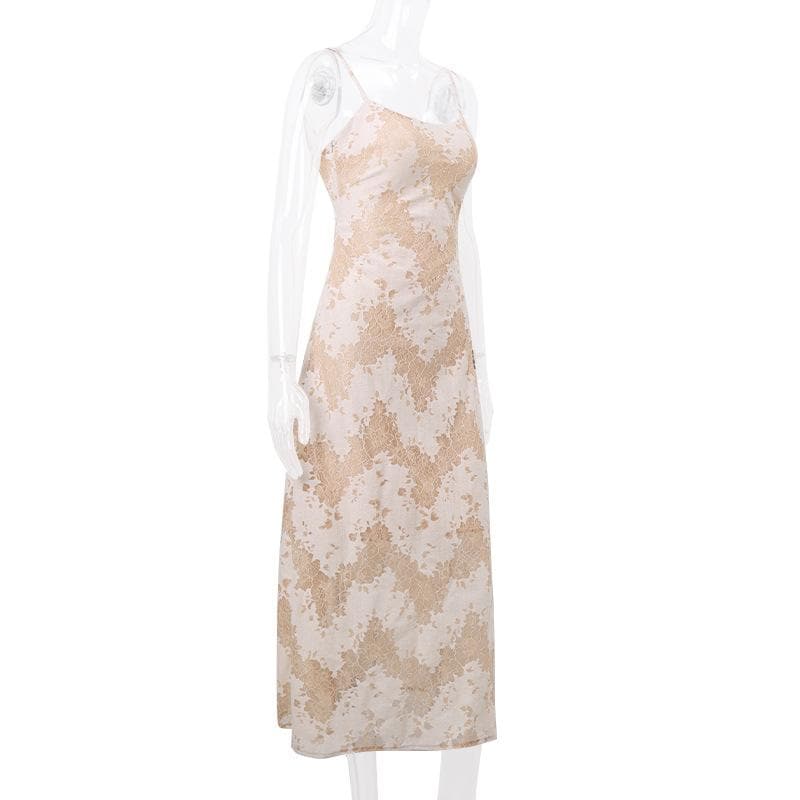 Lace u neck zip-up backless self tie cami midi dress - View 4