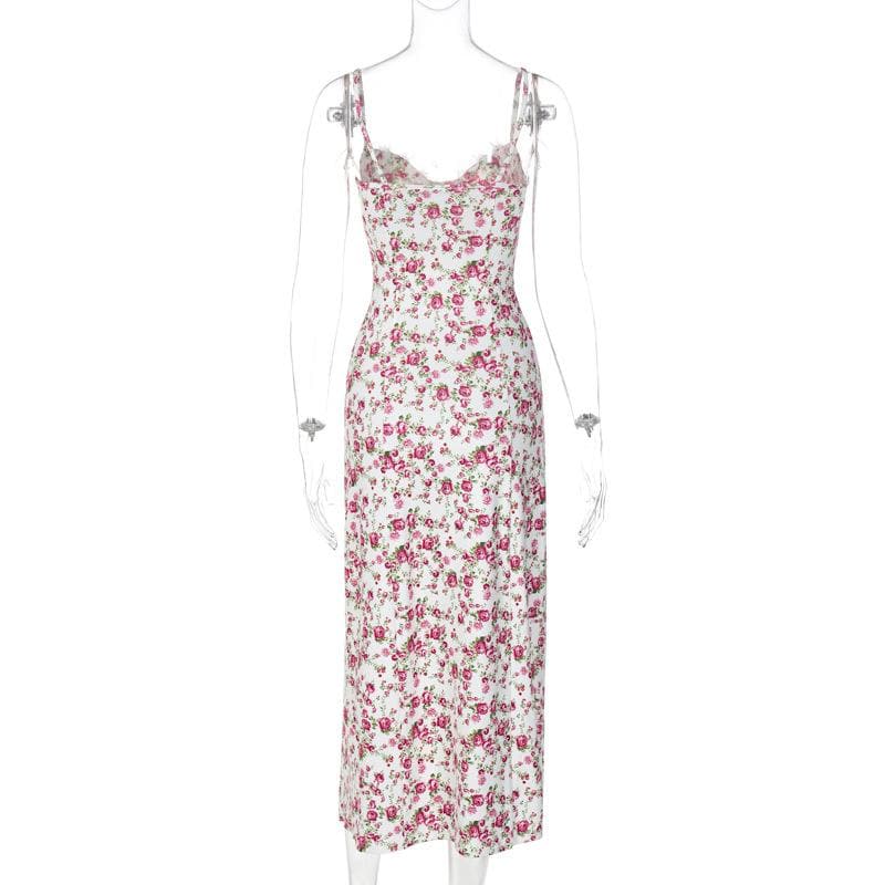 Floral Print Sweetheart Lace Trim High Split Slip Maxi Dress - View 5