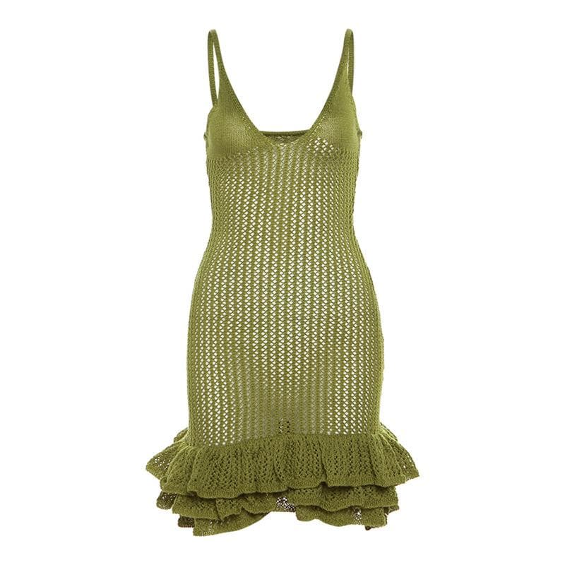 Crochet v neck sleeveless hollow out ruffle mini dress - View 2