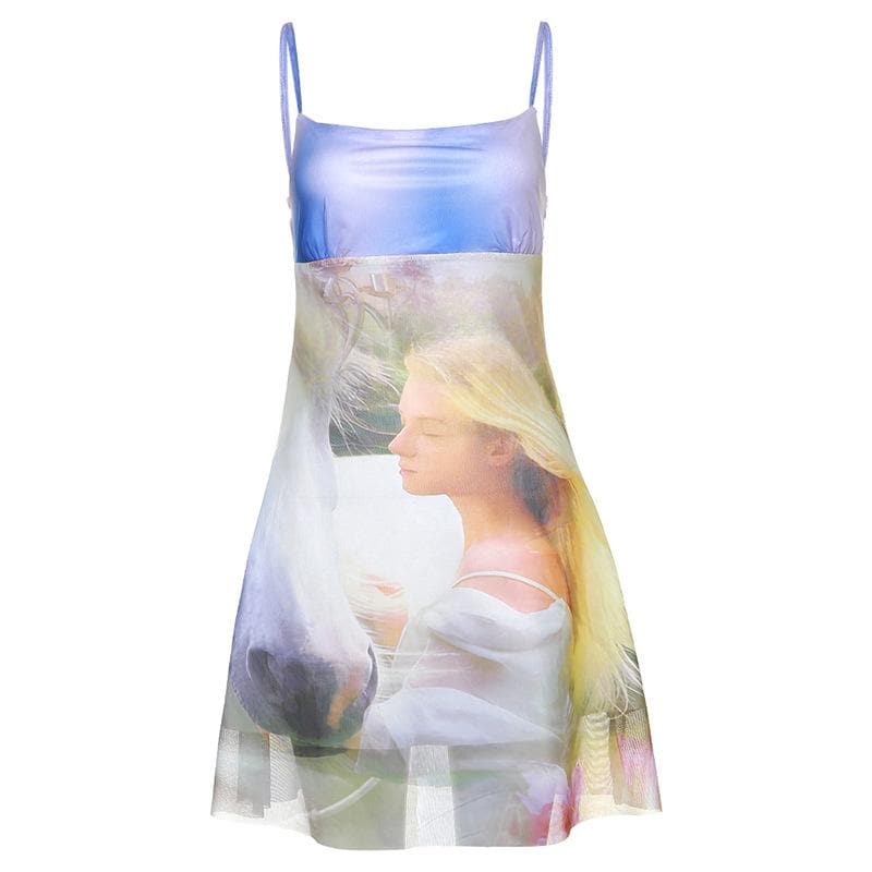 Mesh contrast abstract print backless cami dress - View 2