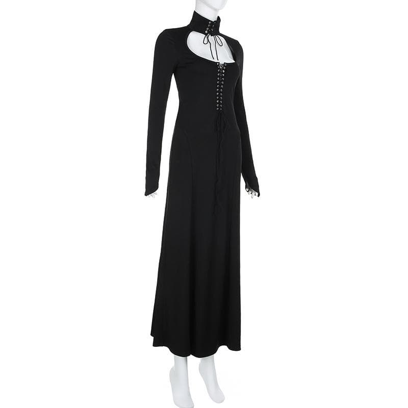 Lace up hollow out solid long sleeve maxi dress - View 8