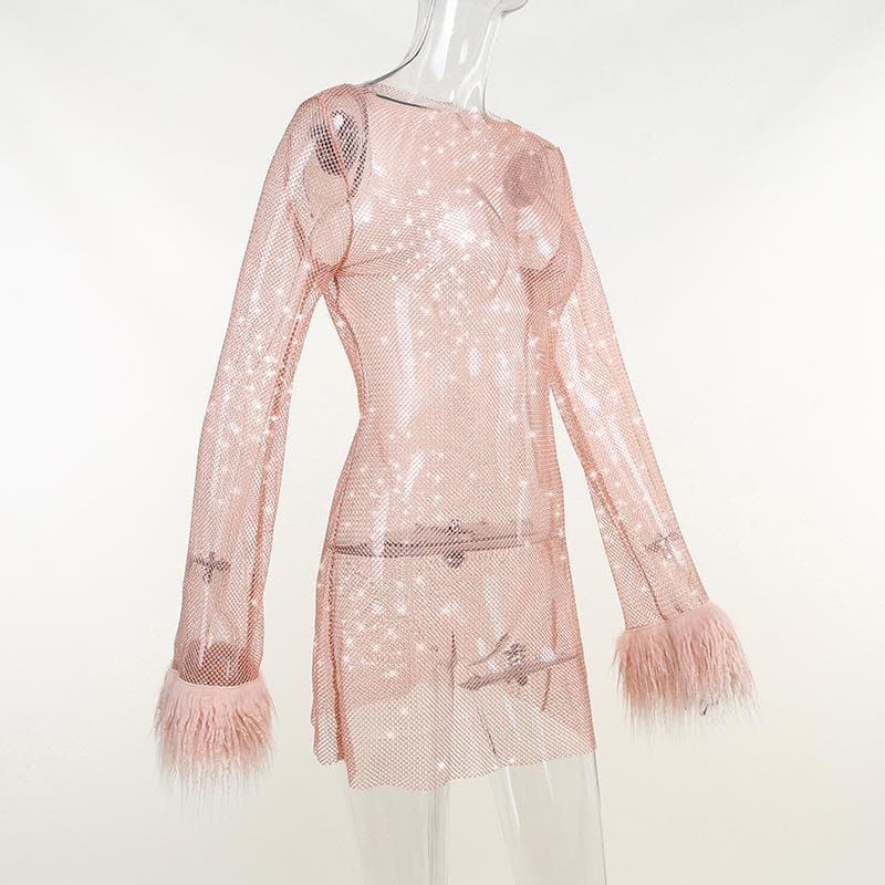 Long sleeve solid see through sheer mesh fluffy round neck mini dress - View 4