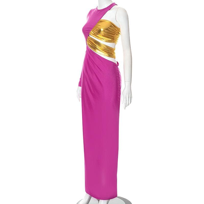 One shoulder ruched contrast long sleeve metallic maxi dress - View 7