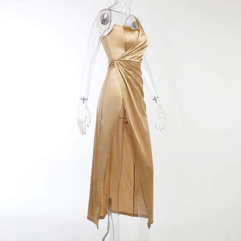 Sleeveless solid satin slit one shoulder ruched backless midi dress - View 3
