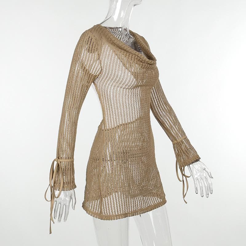 Crochet see through cowl neck long sleeve hollow out mini dress - View 7