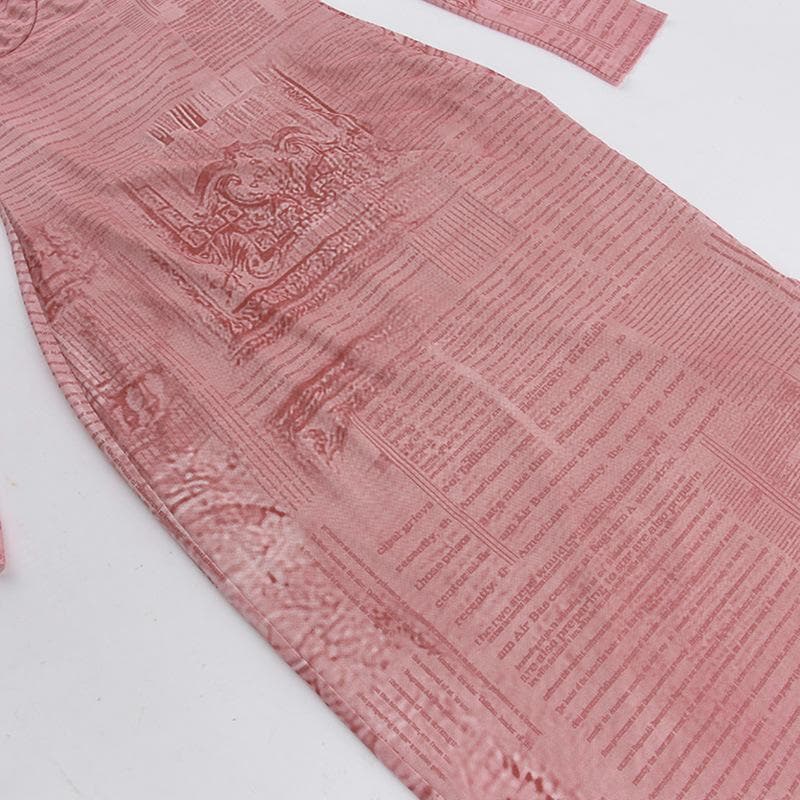 Mesh contrast print lace hem self tie long sleeve midi dress - View 6
