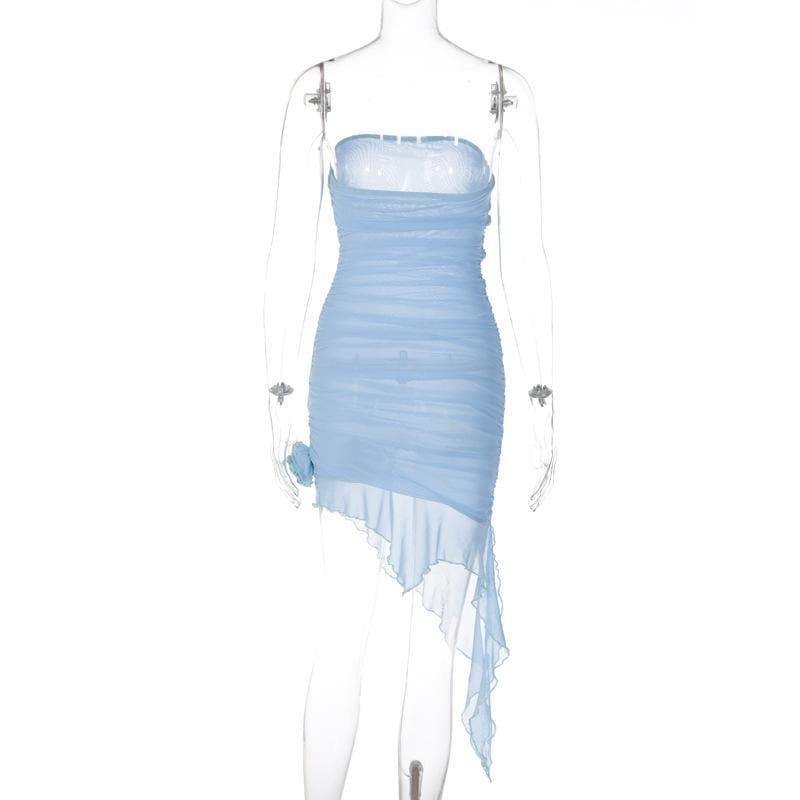 Mesh Strapless Ruched Floral Applique High Low Mini Dress - View 10