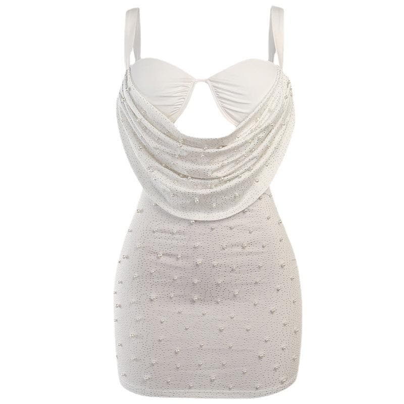 Sleeveless solid ruched beaded hollow out backless dress - View 2