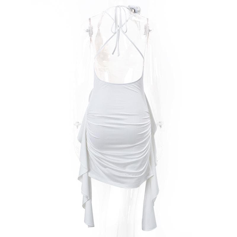 Rosette Cowl Neck Spaghetti Strap Ruched High Low Mini Dress - View 6