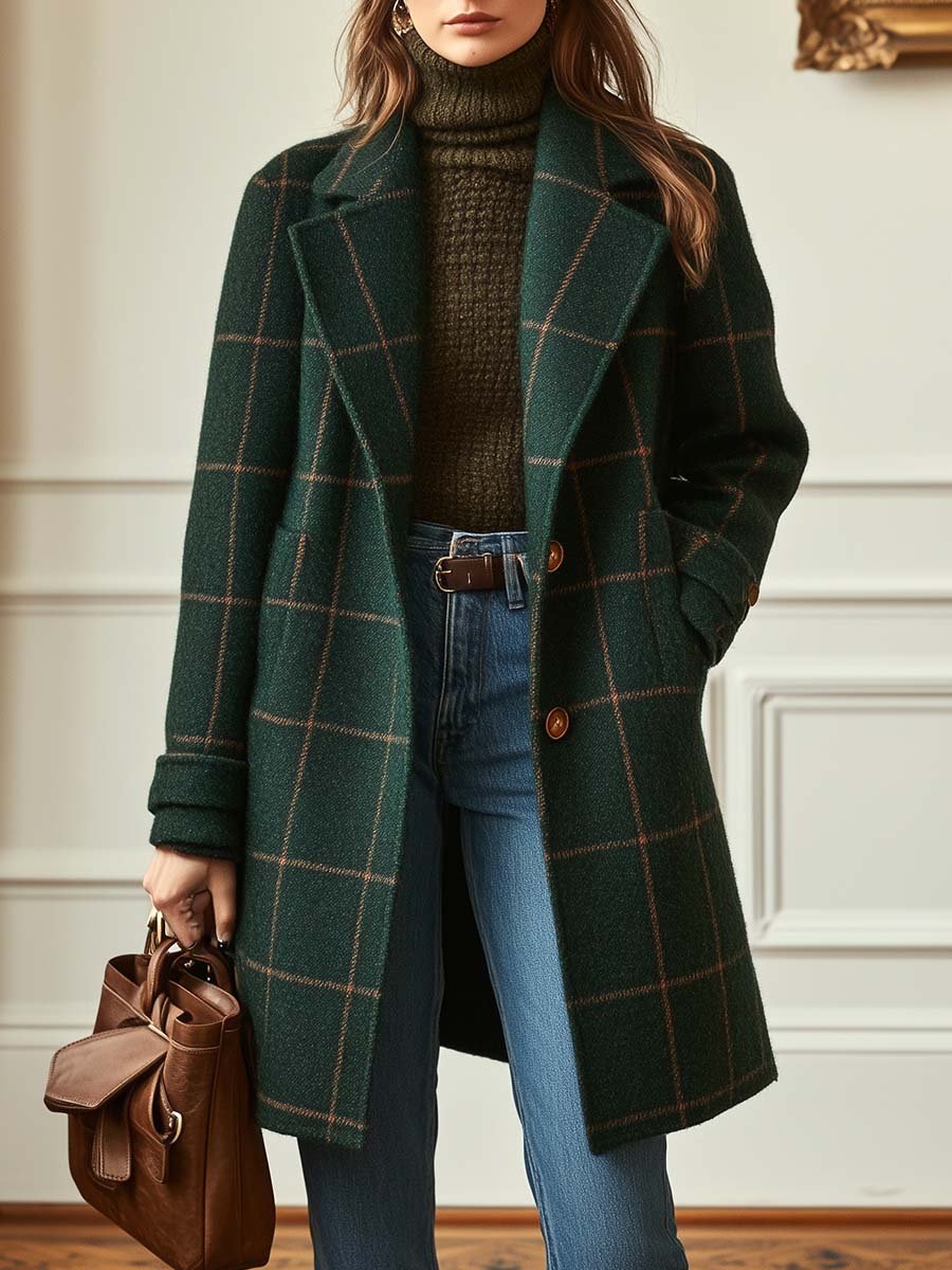 Windowpane Check Notch Lapel Button Front Wool Coat