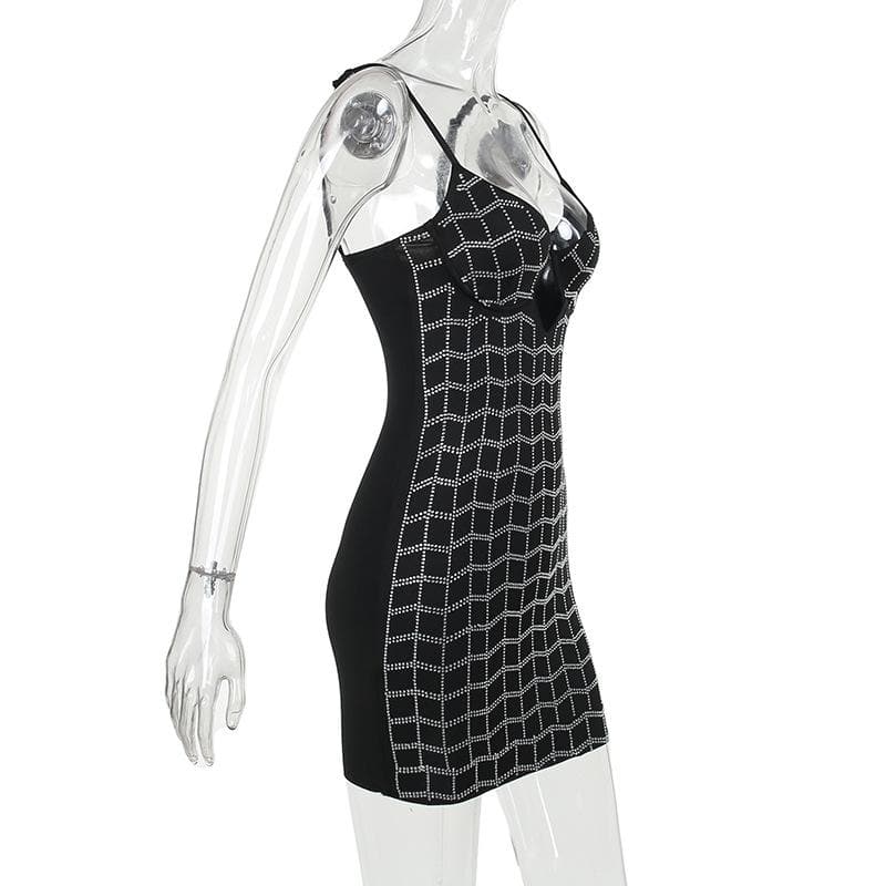 Beaded hollow out v neck backless plaid cami mini dress - View 7