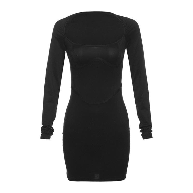 Square Neck Long Sleeve Corset Bodycon Mini Dress - View 3