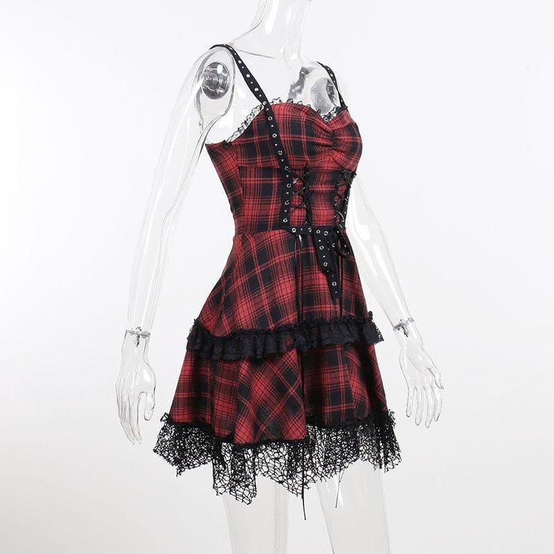 Zip-up lace hem lace up plaid backless mini dress - View 7
