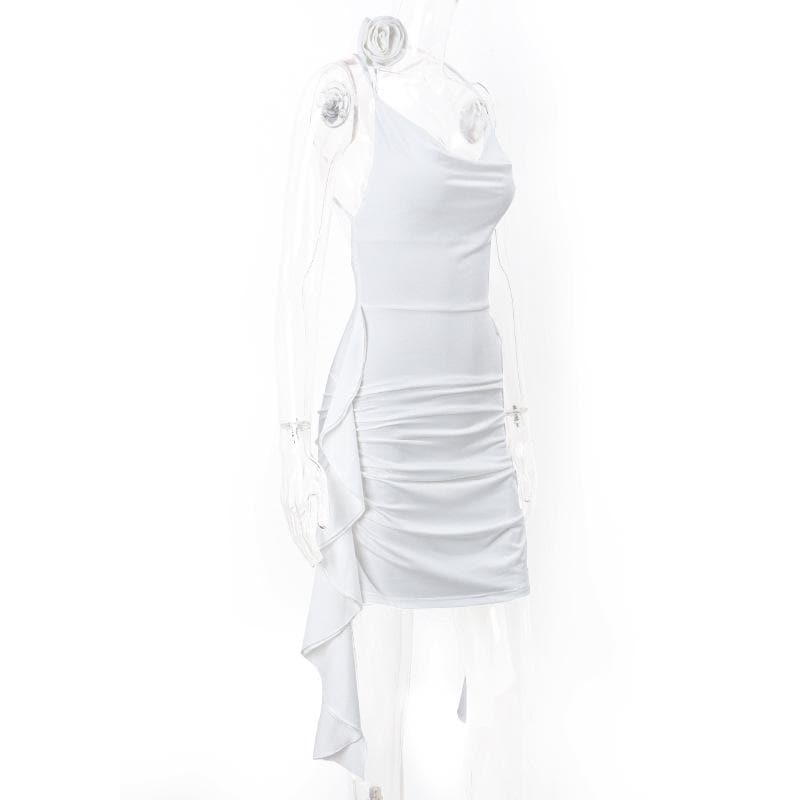 Rosette Cowl Neck Spaghetti Strap Ruched High Low Mini Dress - View 5