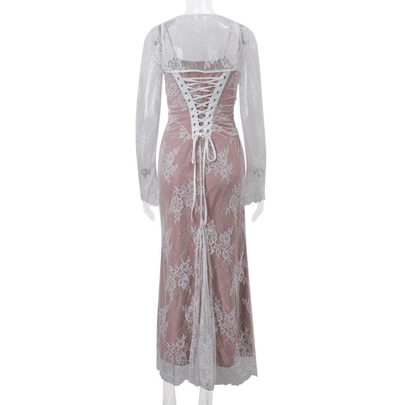 Long sleeve lace ruched shrug lace up 2 piece midi dress - View 5