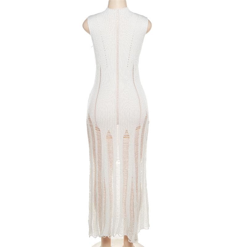 Ribbed Knit Mock Neck Sleeveless Distressed Shredded Maxi Dress - View 5
