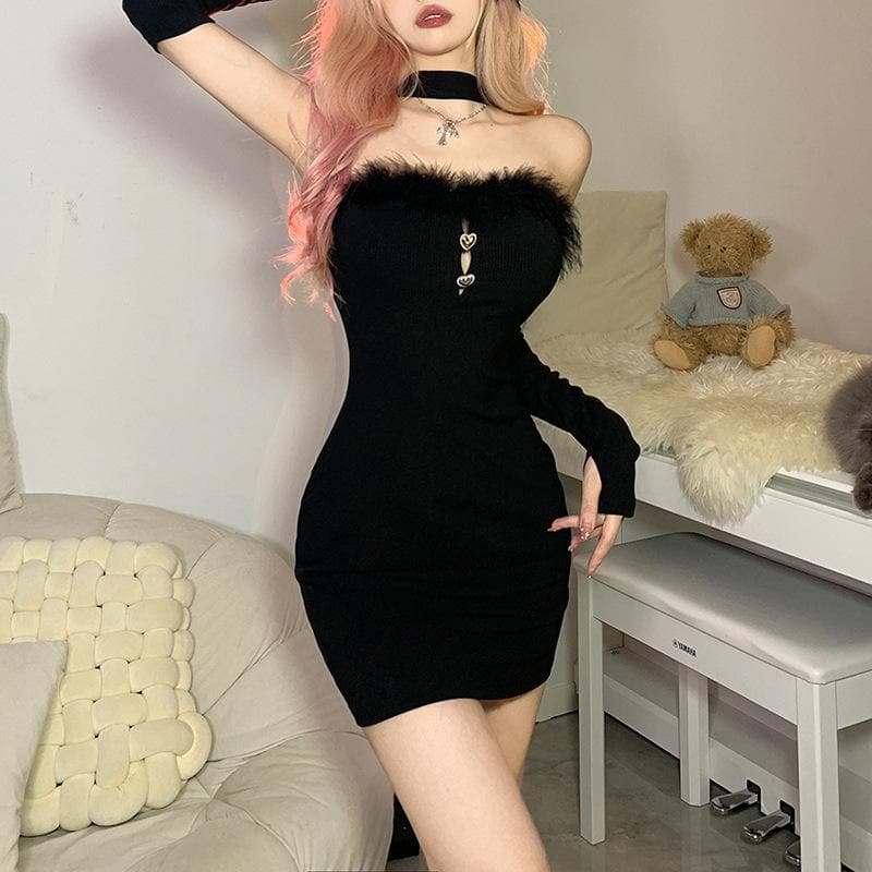 Knit Off Shoulder Feather Trim Long Sleeve Bodycon Mini Dress - View 7