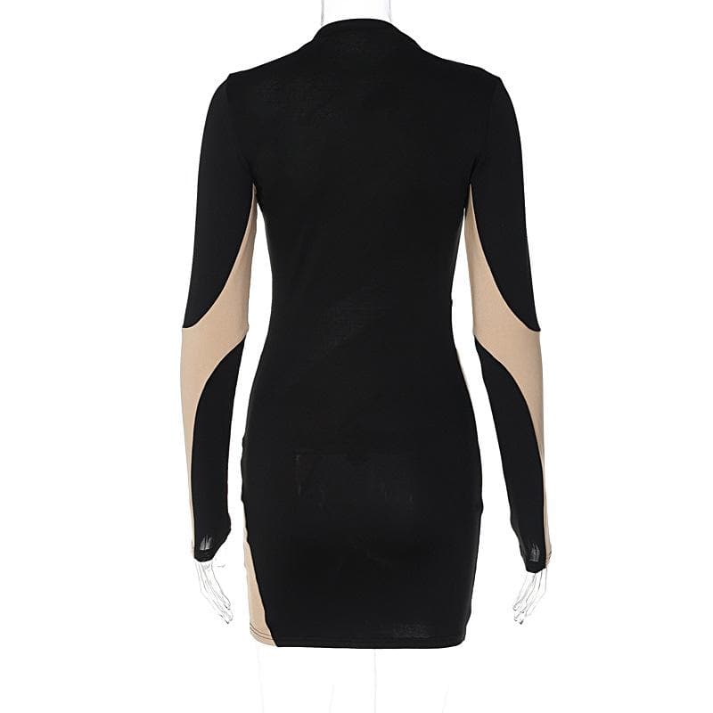 Long sleeve mesh contrast patchwork hollow out mini dress - View 3