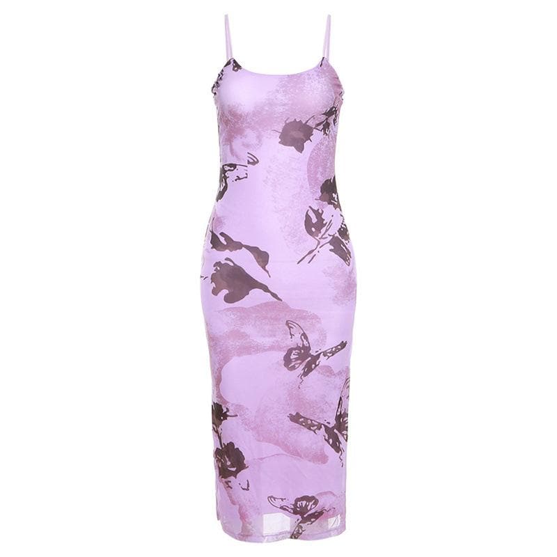 Mesh butterfly pattern slit backless contrast cami midi dress - View 2