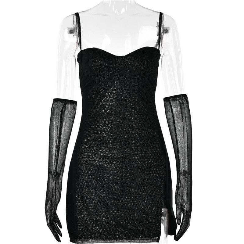 Textured mesh gloves sweetheart neck zip-up slit cami mini dress - View 3