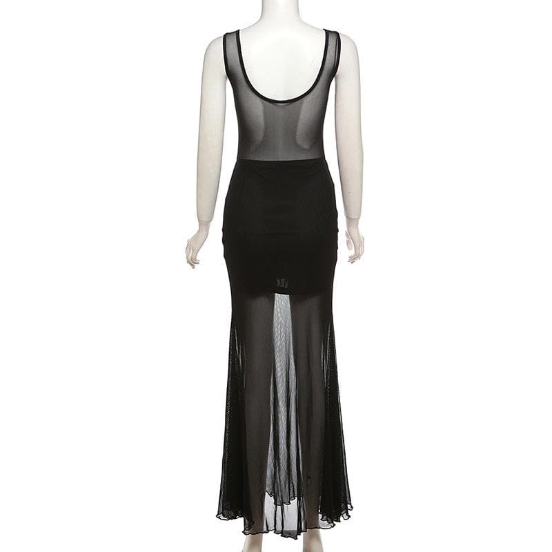 Heart patchwork mesh contrast sleeveless backless maxi dress - View 4