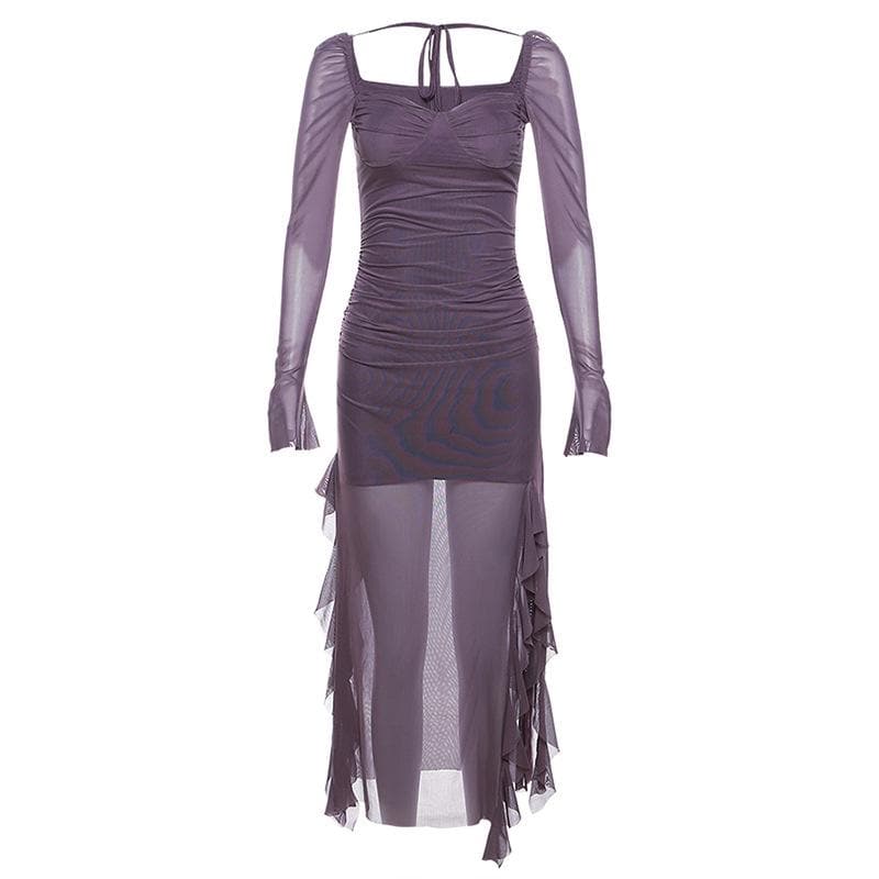 Mesh ruffle solid long sleeve ruched self tie slit maxi dress - View 5