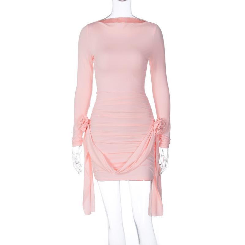Boat Neck Long Sleeve Ruched Rosette Draped Bodycon Mini Dress - View 3