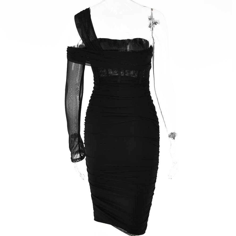 Irregular one shoulder ruched sheer mesh dress - Final Sale - View 9