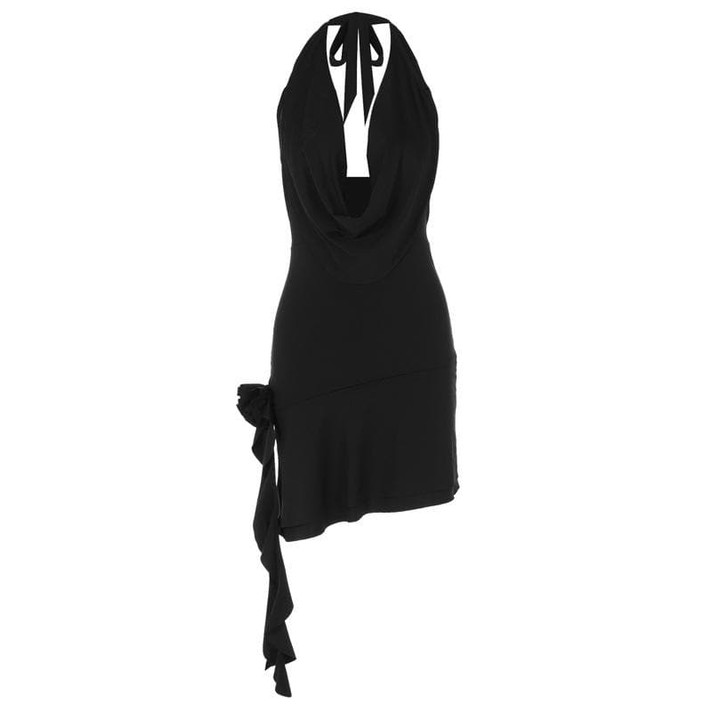Halter Deep Cowl Neck Backless Ruffle Mini Dress - View 3