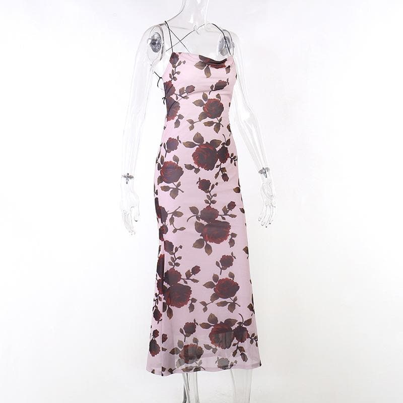 Floral Print Cowl Neck Cross Back Slip Midi Dress - View 3