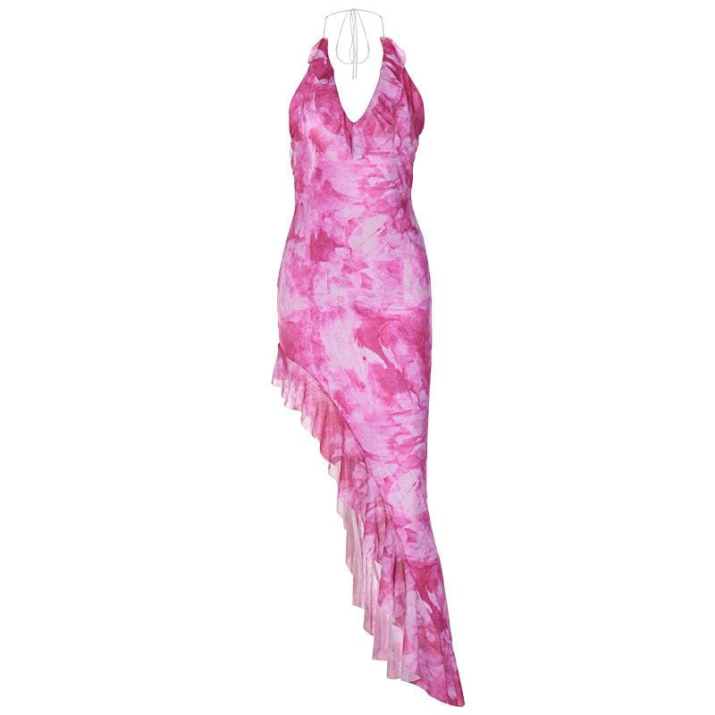 Tie dye ruffle halter mesh backless self tie irregular maxi dress - View 2