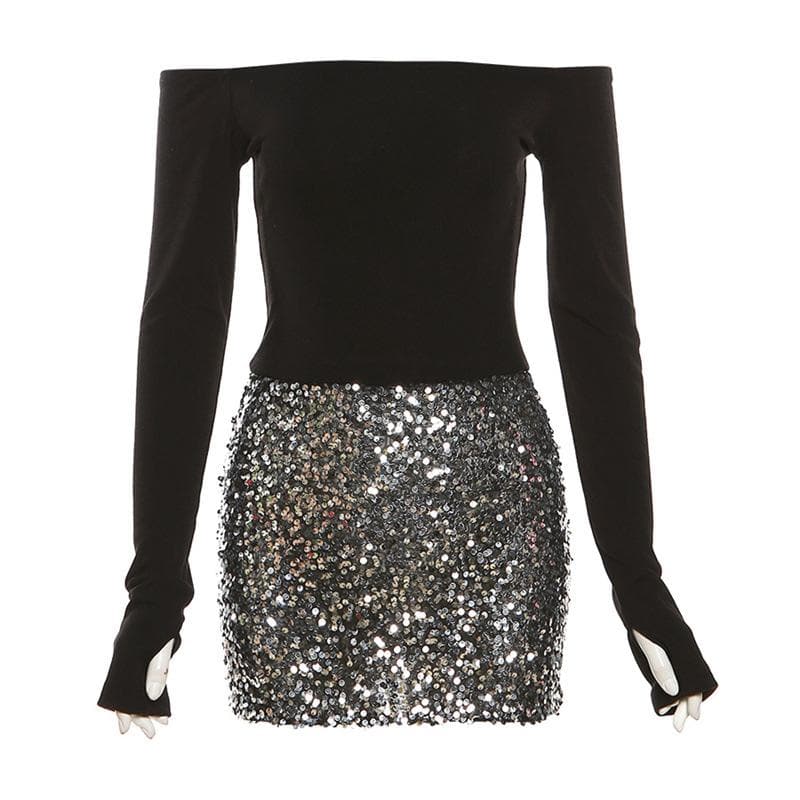 Glitter patchwork off shoulder gloves mini dress - View 4