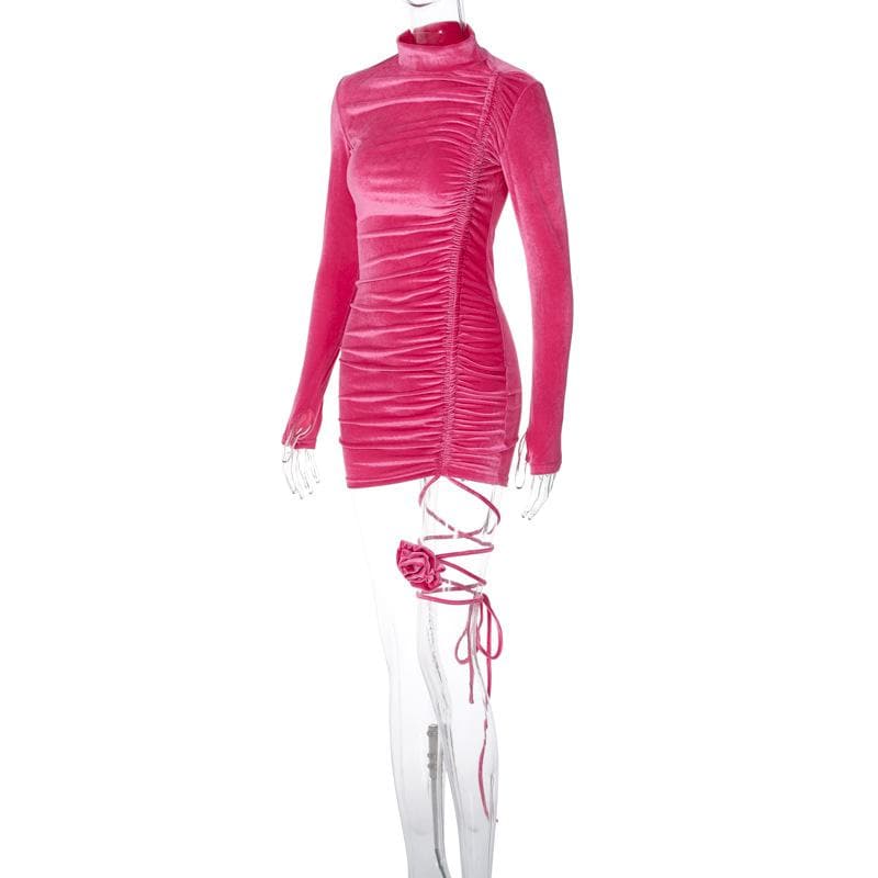 Velvet High Neck Long Sleeve Ruched Rosette Bodycon Mini Dress - View 3