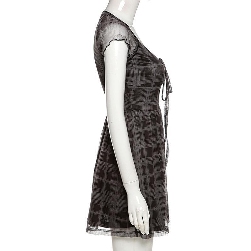Mesh short sleeve plaid A line ruffled dress - View 5