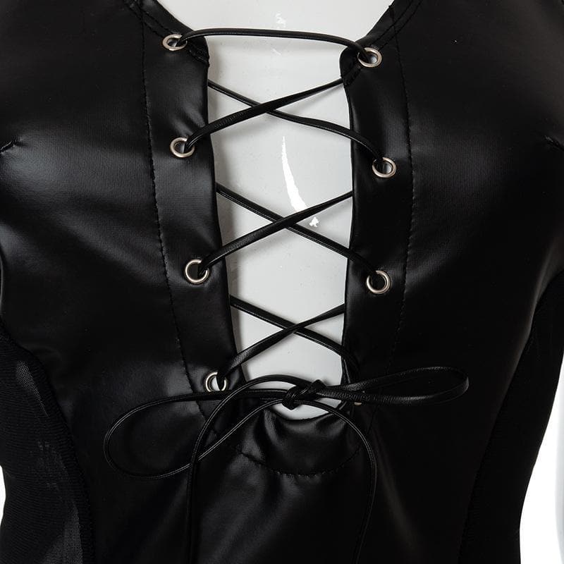 Lace up mesh PU leather patchwork halter dress - View 6