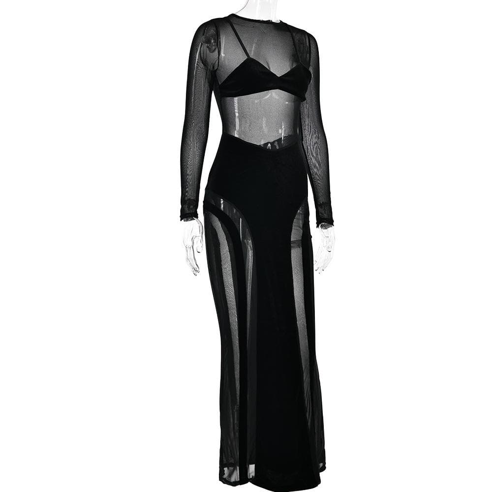 Mesh patchwork velvet solid long sleeve maxi dress - View 4
