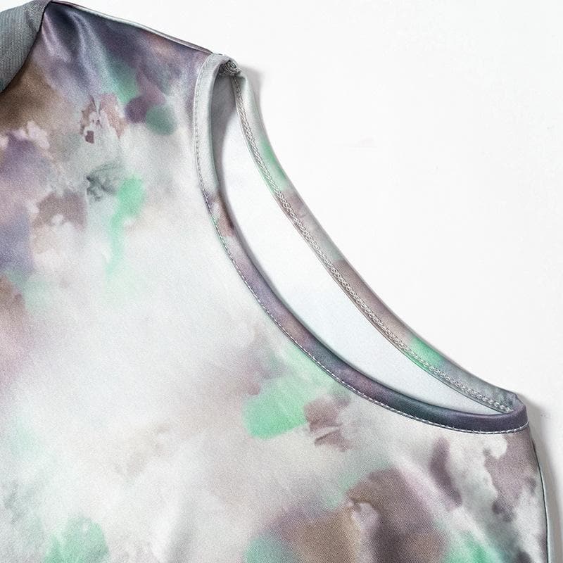 Long sleeve crewneck tie dye mesh gloves contrast midi dress - View 5