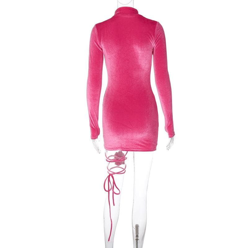 Velvet High Neck Long Sleeve Ruched Rosette Bodycon Mini Dress - View 4