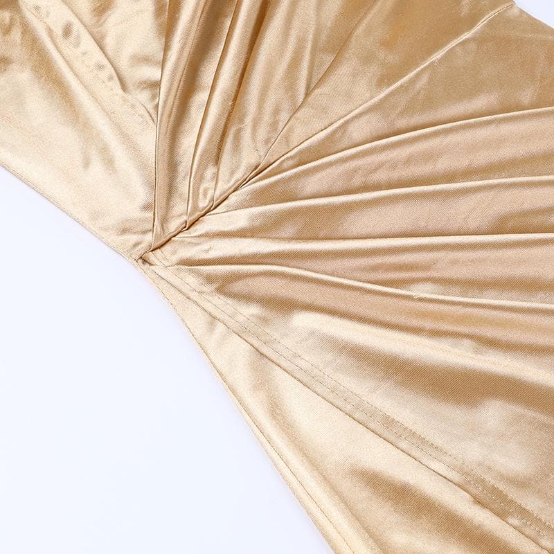 Sleeveless solid satin slit one shoulder ruched backless midi dress - View 5