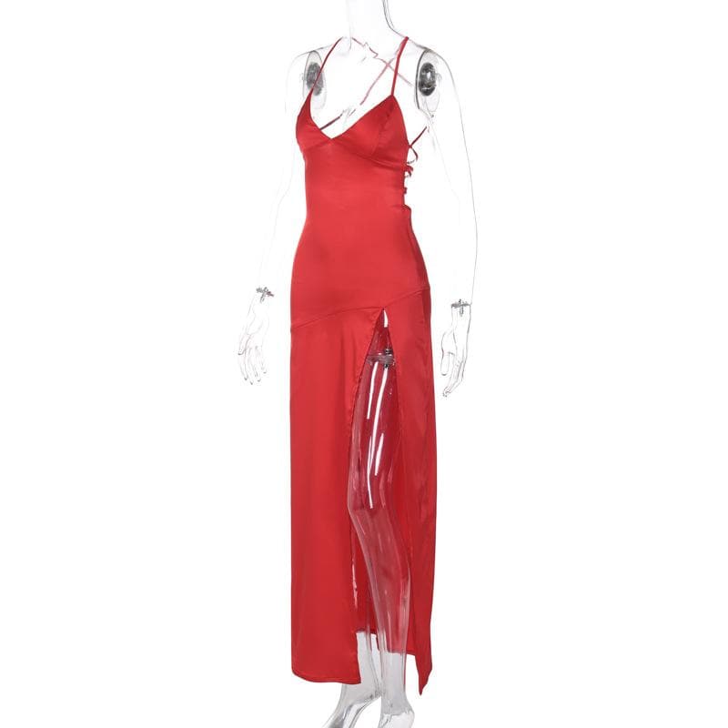 Slit cross back satin backless solid v neck maxi dress - View 3