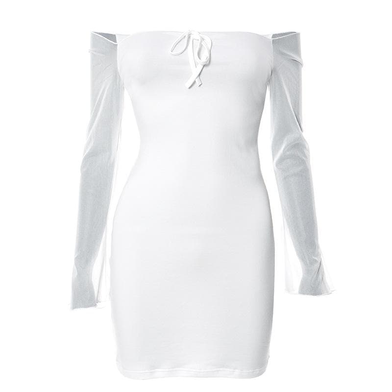 Mesh solid off shoulder long sleeve self tie mini dress - View 2