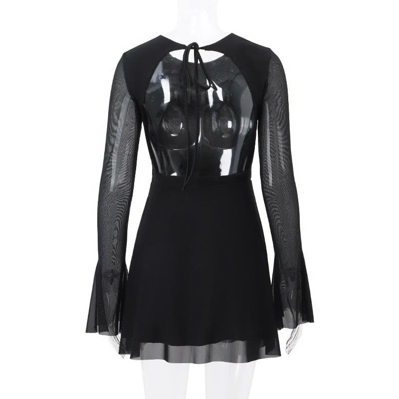 Long flared sleeve crewneck self tie mesh backless mini dress - View 5