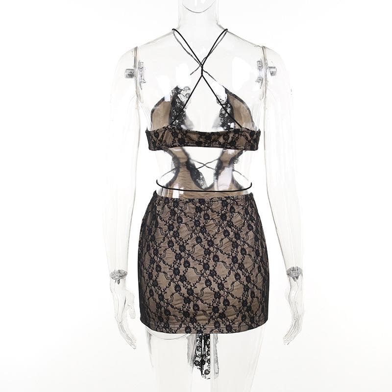 Cross front backless hollow out lace hem contrast mini dress - View 4