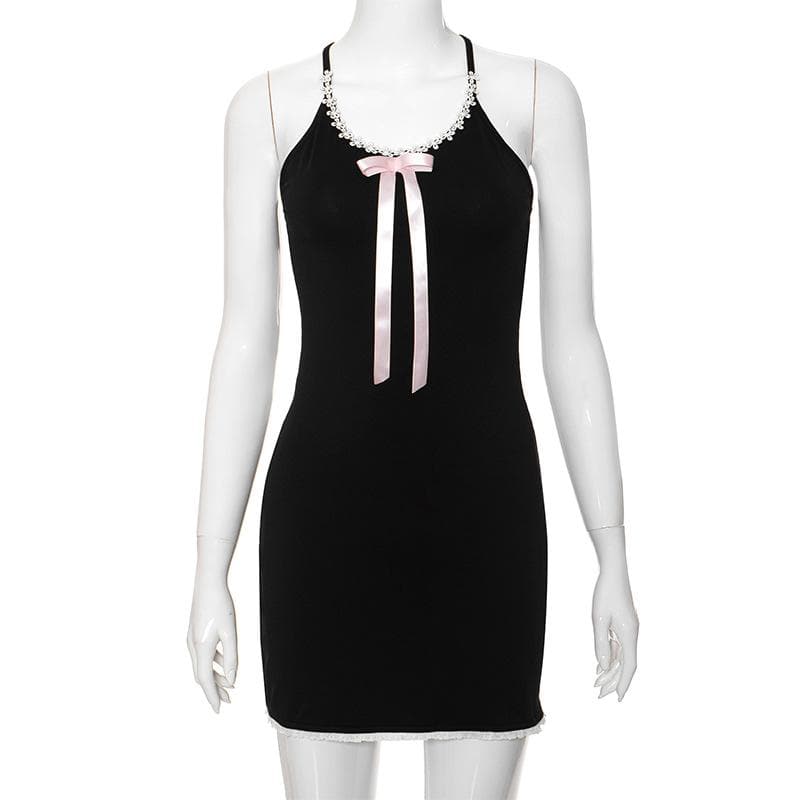 Bowknot ribbon lace hem u neck cross back backless cami mini dress - View 8