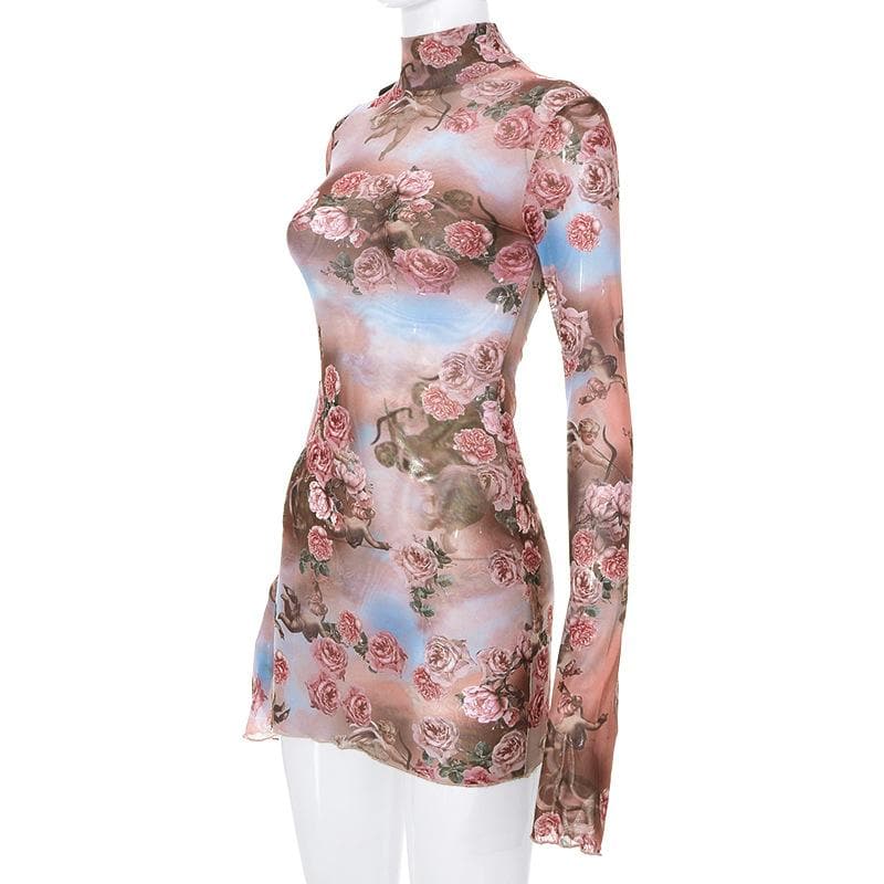 Floral Mesh High Neck Long Sleeve Sheer Bodycon Mini Dress - View 4