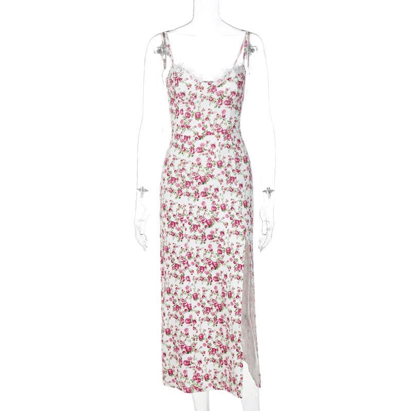 Floral Print Sweetheart Lace Trim High Split Slip Maxi Dress - View 3