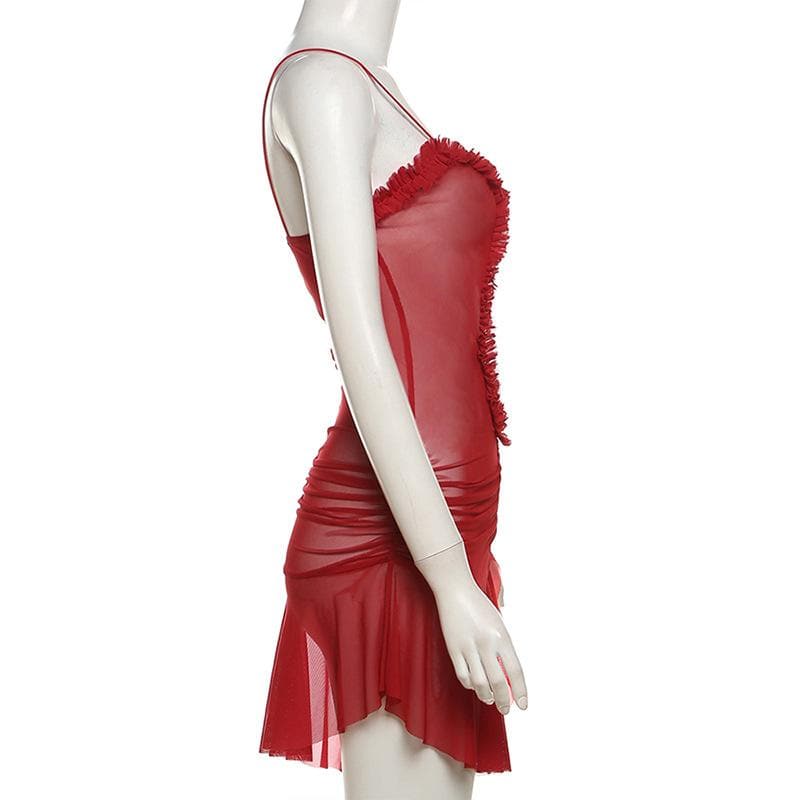 Ruched ruffle slit sheer mesh hollow out cami mini dress - View 6