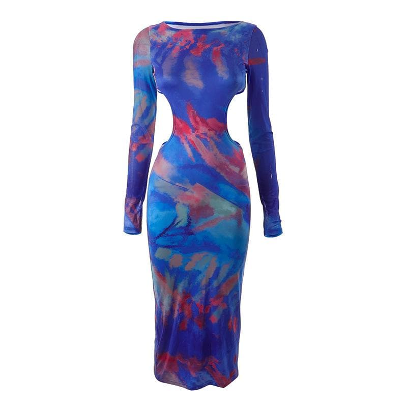 Hollow out contrast print long sleeve ruched mesh patchwork midi dress - View 2