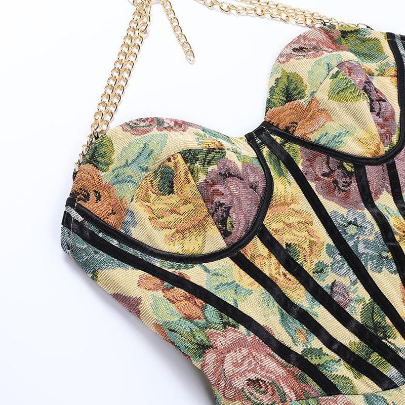 Floral Halter Neck Corset High Split Mini Dress - View 9